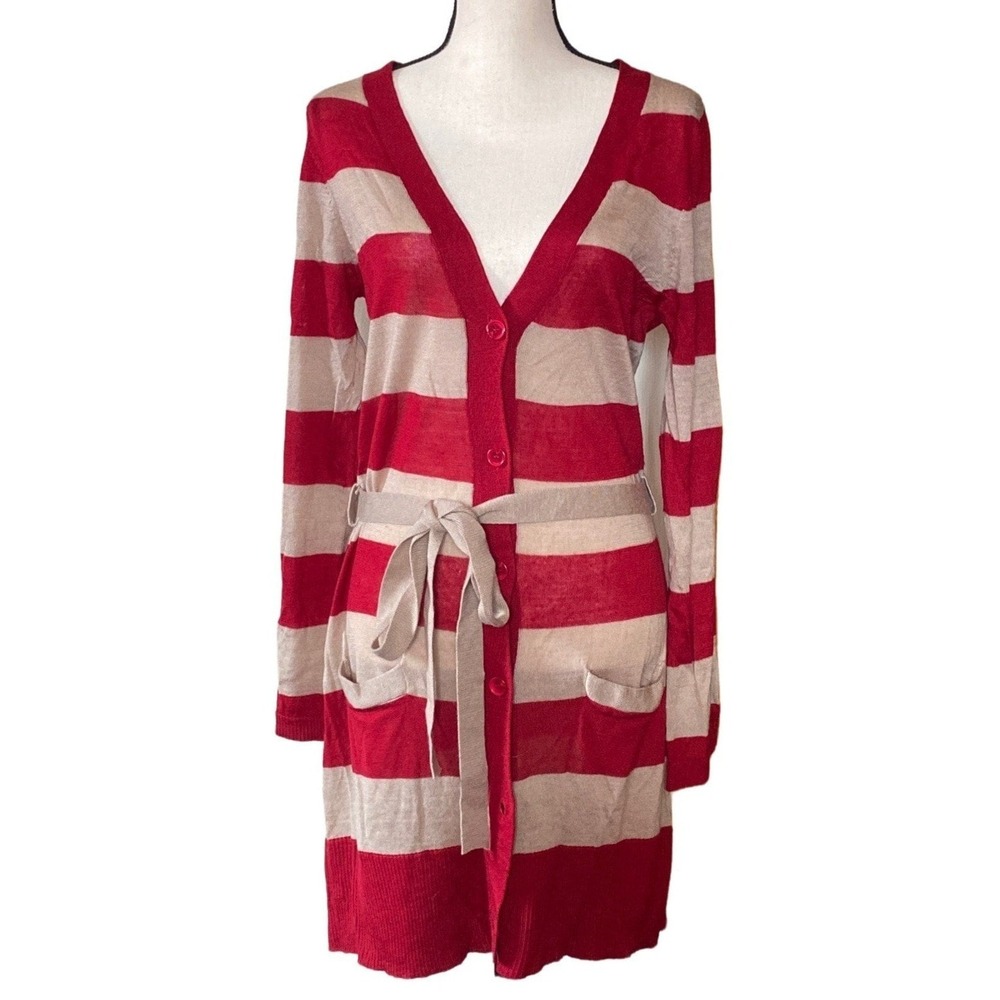BCBGMAXAZRIA Striped Cardigan‎ Duster with Belt sweater women Large